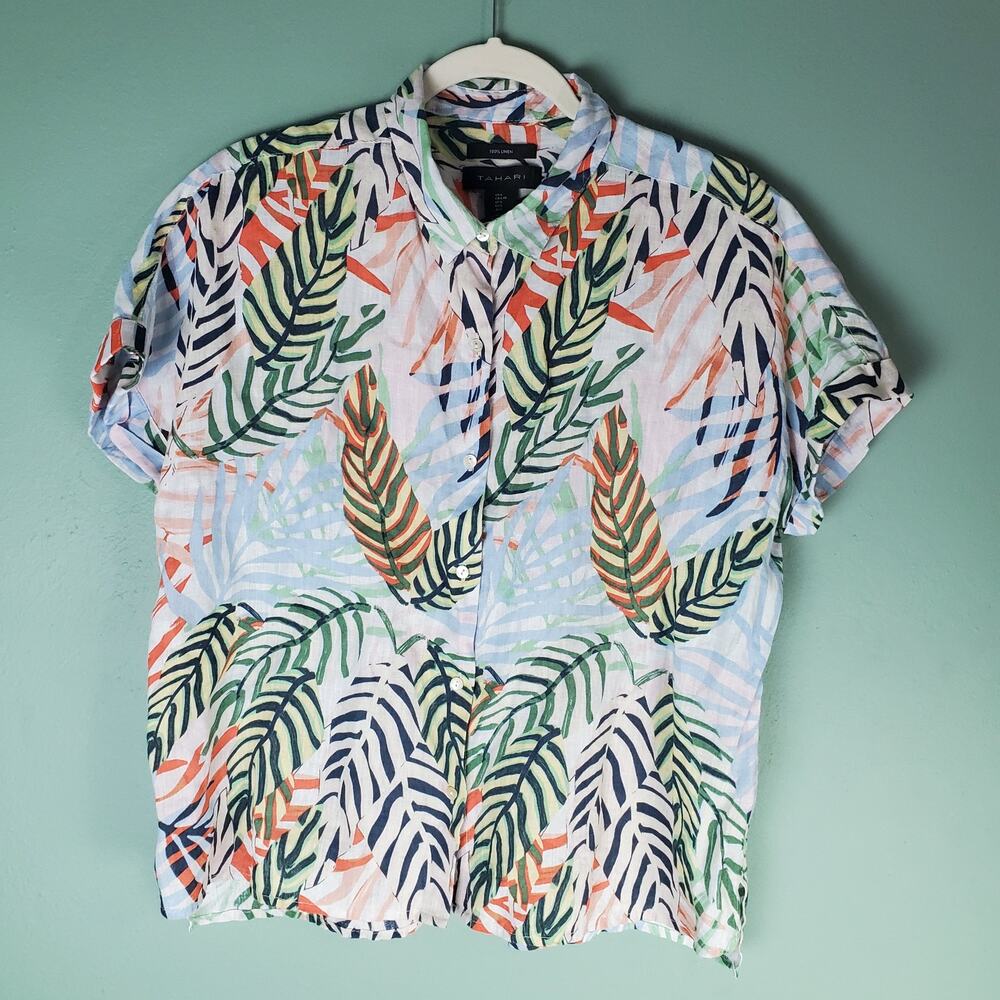 Tahari Womens Multi Color Tropical Floral Print Linen Short Sleeve Button Size L